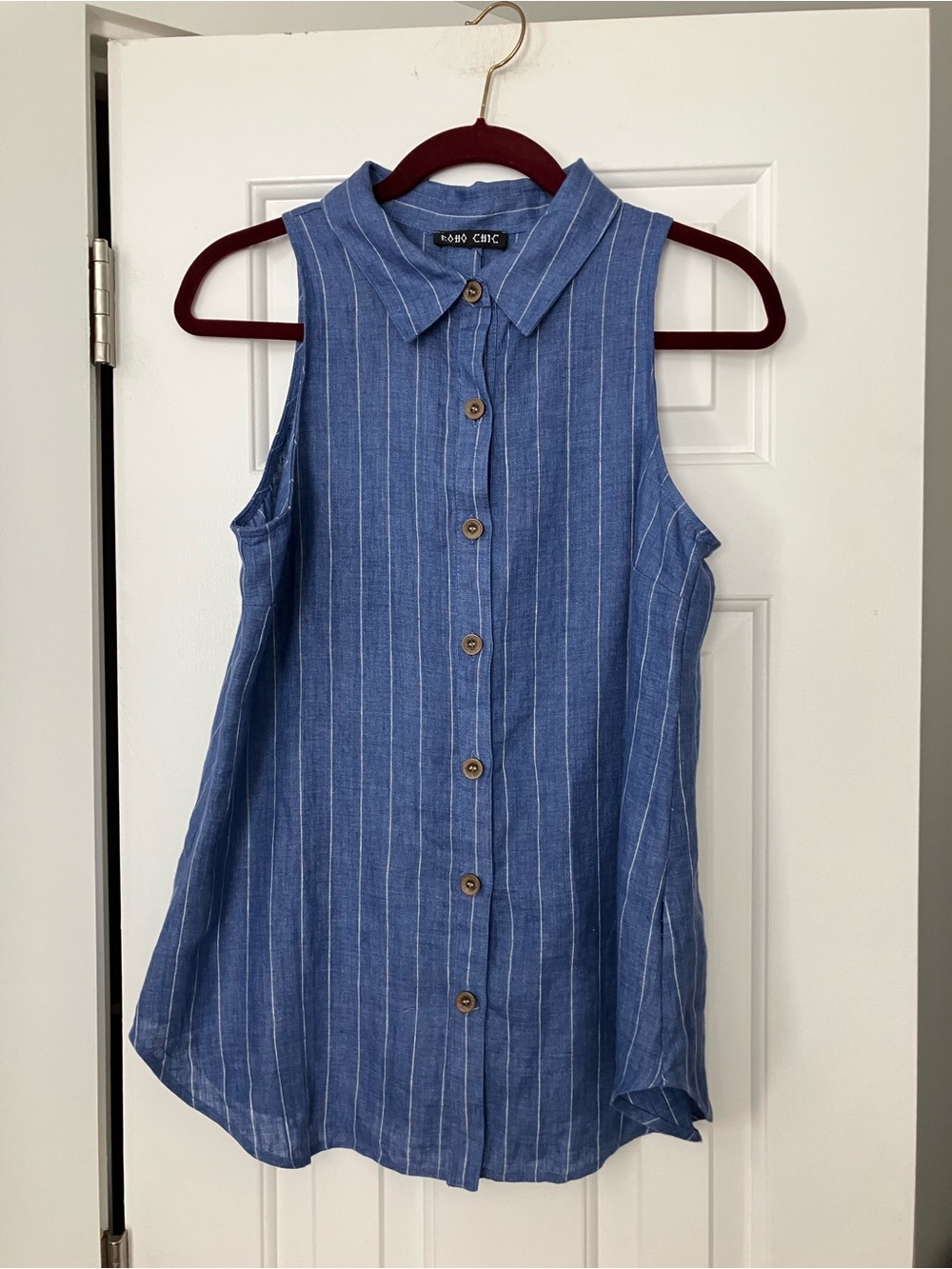 Boho Chic Blue Sleeveless Stripe Button-Front Blouse